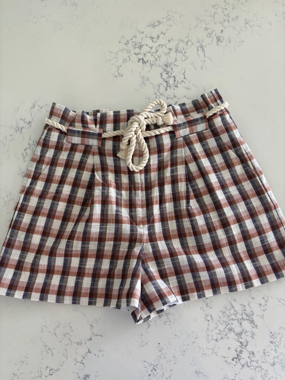 Veronica Beard Plaid High-Rise Shorts with Rope Belt - Brown/Blue/Cream 8